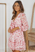 Lantern Sleeve Deep V Neck Knotted Tiered Mini Dress